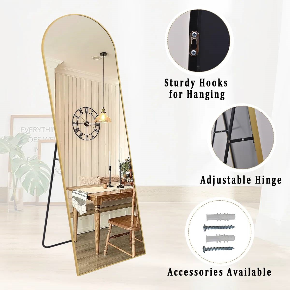 Gold 58-inch Full Length Arched Floor Mirror with Stand and Wall Hanging Screws-3