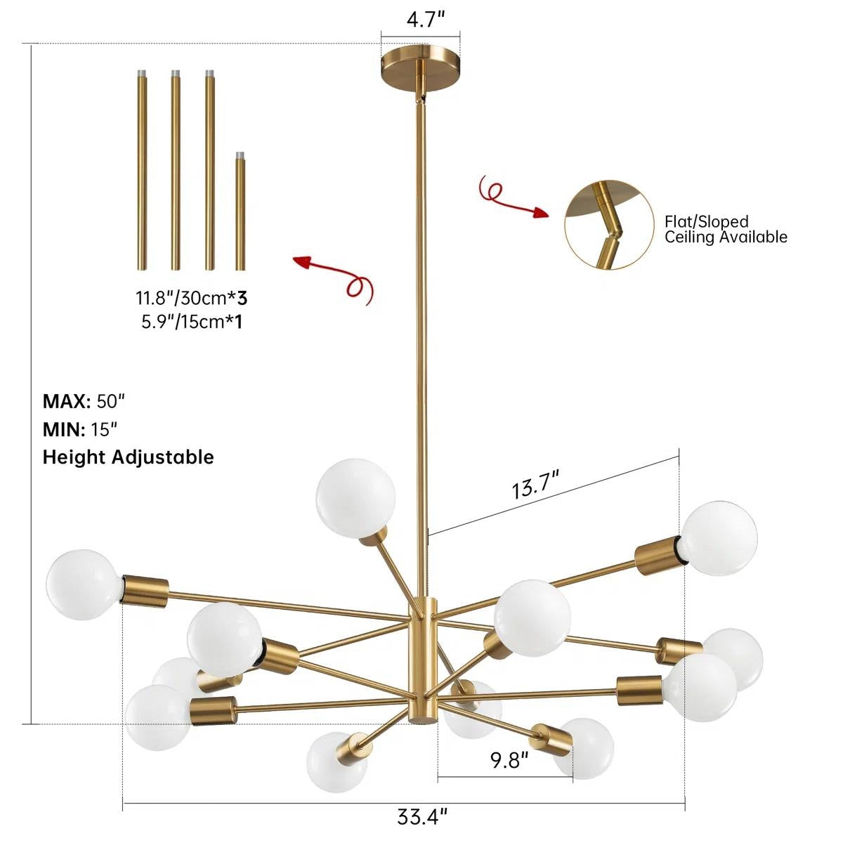 Gold 33-inch Modern 12-Light Dimmable Sputnik Chandelier Lamp-4