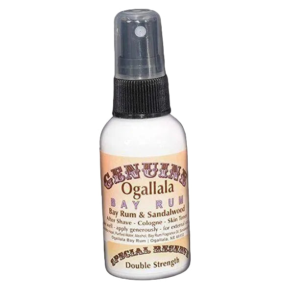 Ogallala Bay Rum & Sandalwood bottle on a gray background