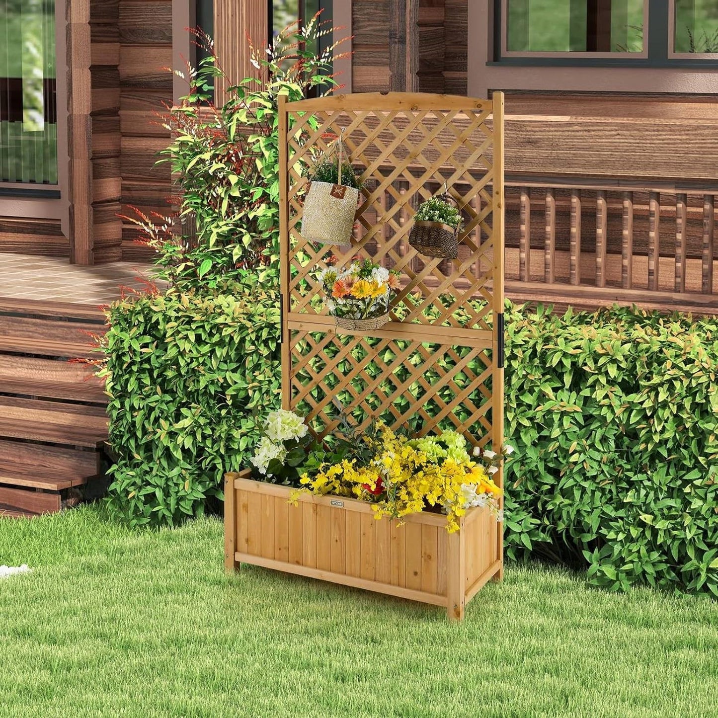 Outdoor Fir Wood Raised Garden Bed Planter Box with 71-inch High Trellis-1