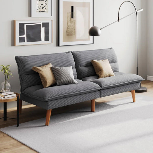 Modern Grey Corduroy Fabric Futon Sleeper Sofa Bed Couch with Wood Legs-0