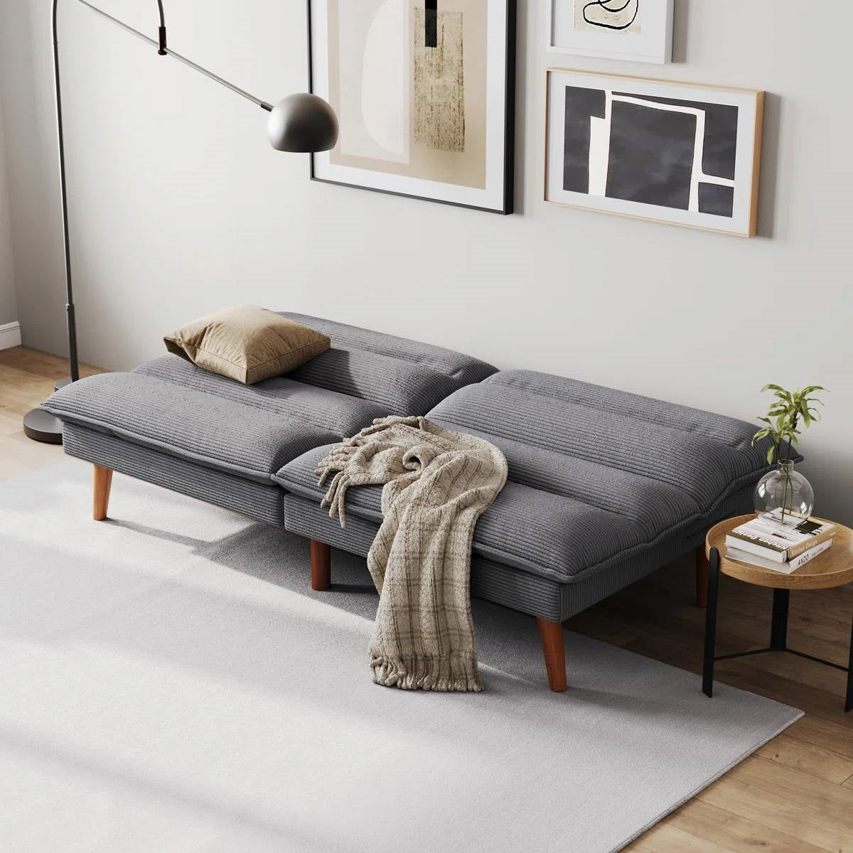 Modern Grey Corduroy Fabric Futon Sleeper Sofa Bed Couch with Wood Legs-1