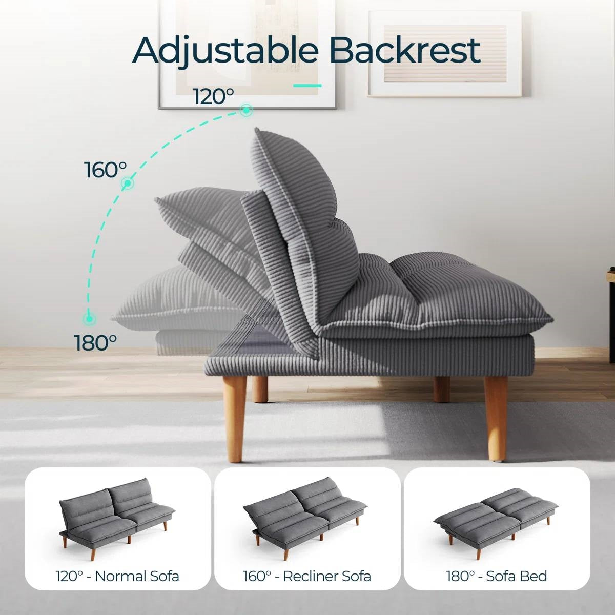 Modern Grey Corduroy Fabric Futon Sleeper Sofa Bed Couch with Wood Legs-3