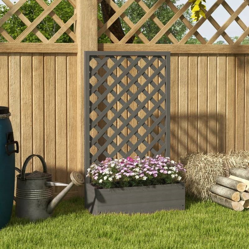 Outdoor Raised Garden Bed Planter Box with Lattice Trellis in Grey Wood Finish-1