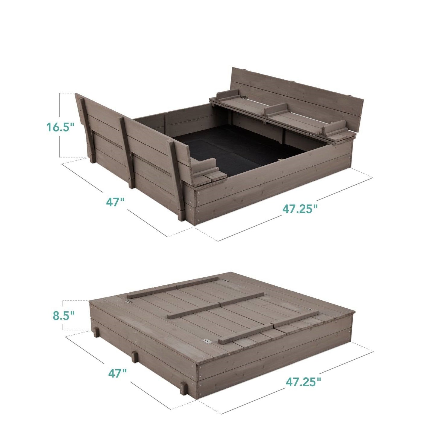 Sturdy Cedar Wood Kids Outdoor Sandbox with Benches in Grey Finish-3