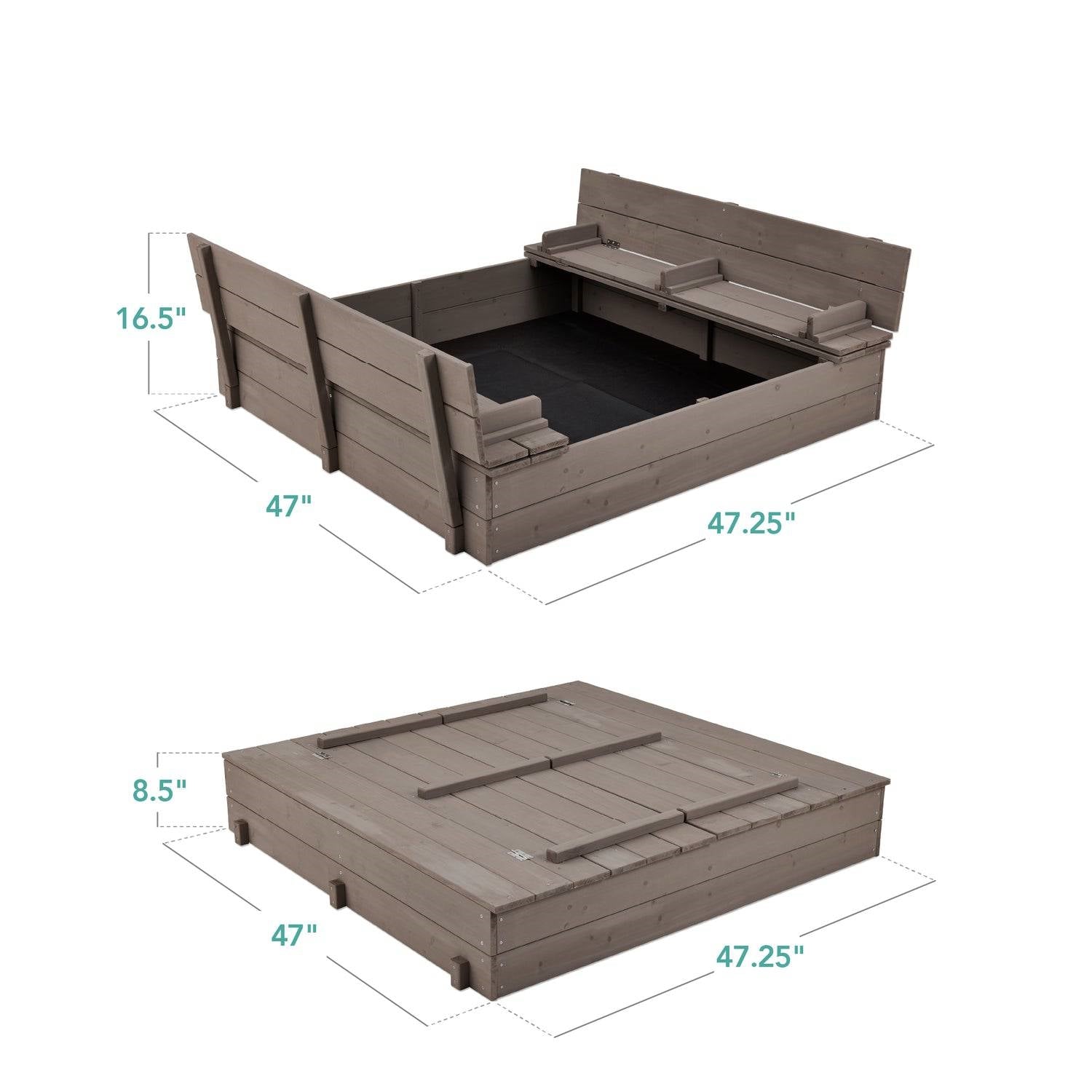 Sturdy Cedar Wood Kids Outdoor Sandbox with Benches in Grey Finish-3