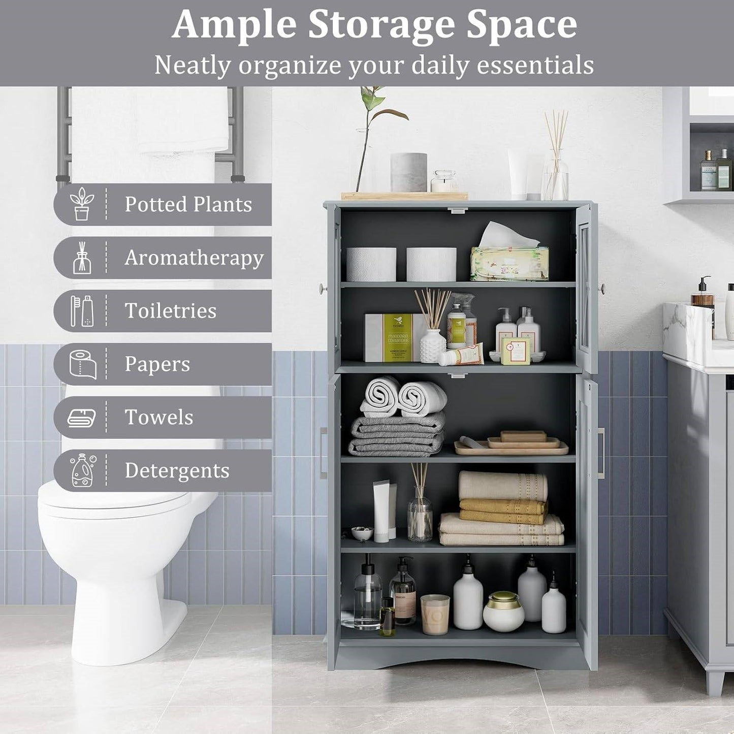 Grey Bathroom Towel Linen Cabinet with Glass Doors and Storage Shelves-3