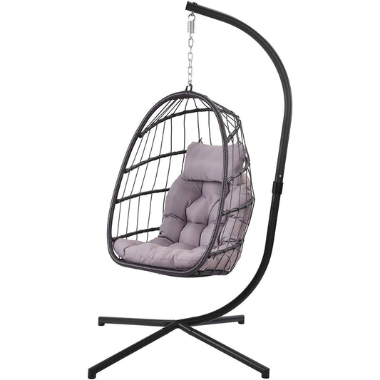 Grey Indoor/Outdoor Wicker Rattan Aluminum Frame Swing Egg Chair Hammock-0