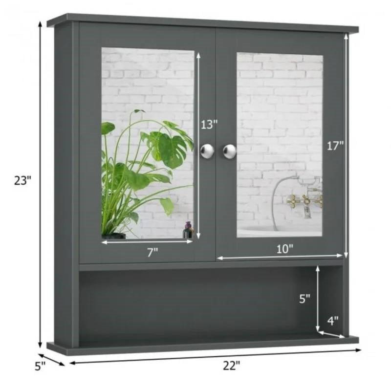 Grey Wood Bathroom Wall / Medicine Cabinet with Mirrored Doors and Shelf-4