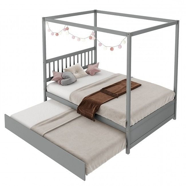 Gray Full Size Canopy Platform Bed with Twin Roller Trundle Bed-0