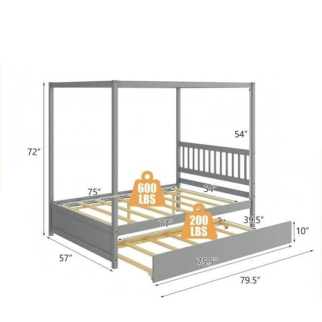 Gray Full Size Canopy Platform Bed with Twin Roller Trundle Bed-1