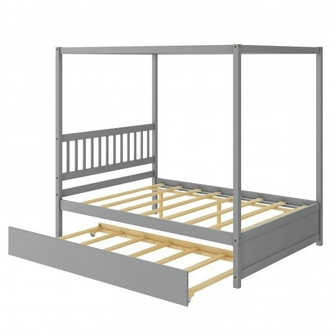 Gray Full Size Canopy Platform Bed with Twin Roller Trundle Bed-2
