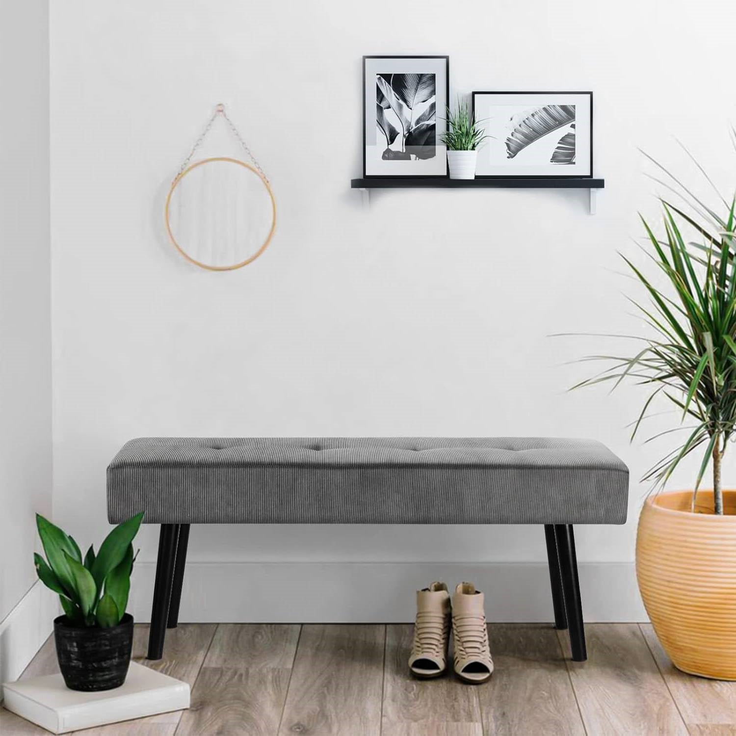 Mid-Century Grey Corduroy Upholstered End of Bed Bench with Black Metal Legs-2