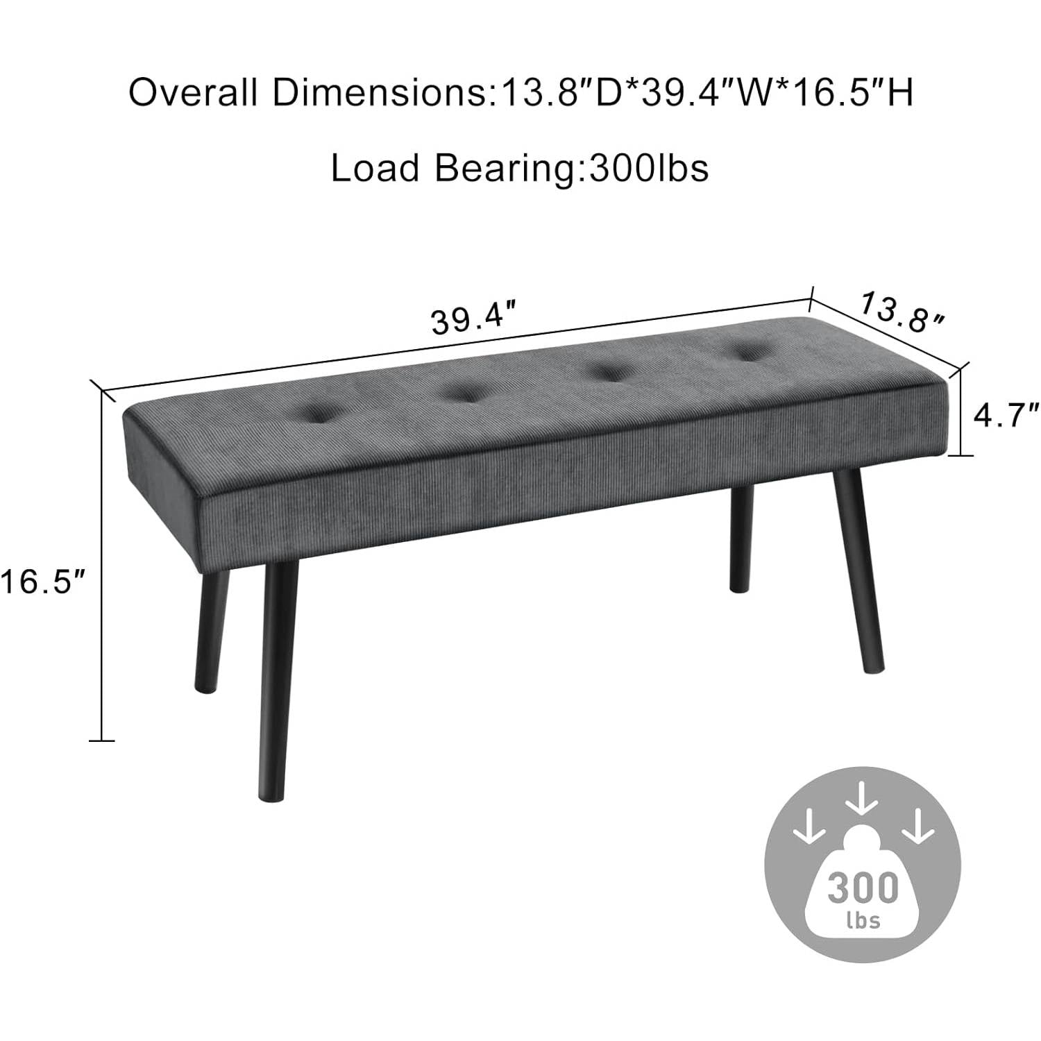 Mid-Century Grey Corduroy Upholstered End of Bed Bench with Black Metal Legs-4