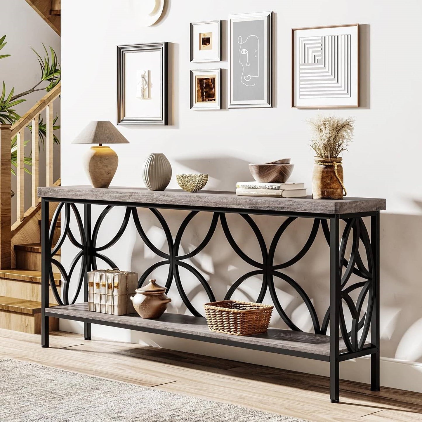 Modern 70-inch Long Narrow Foyer Entryway Table with Grey Wood Top and Shelf-0