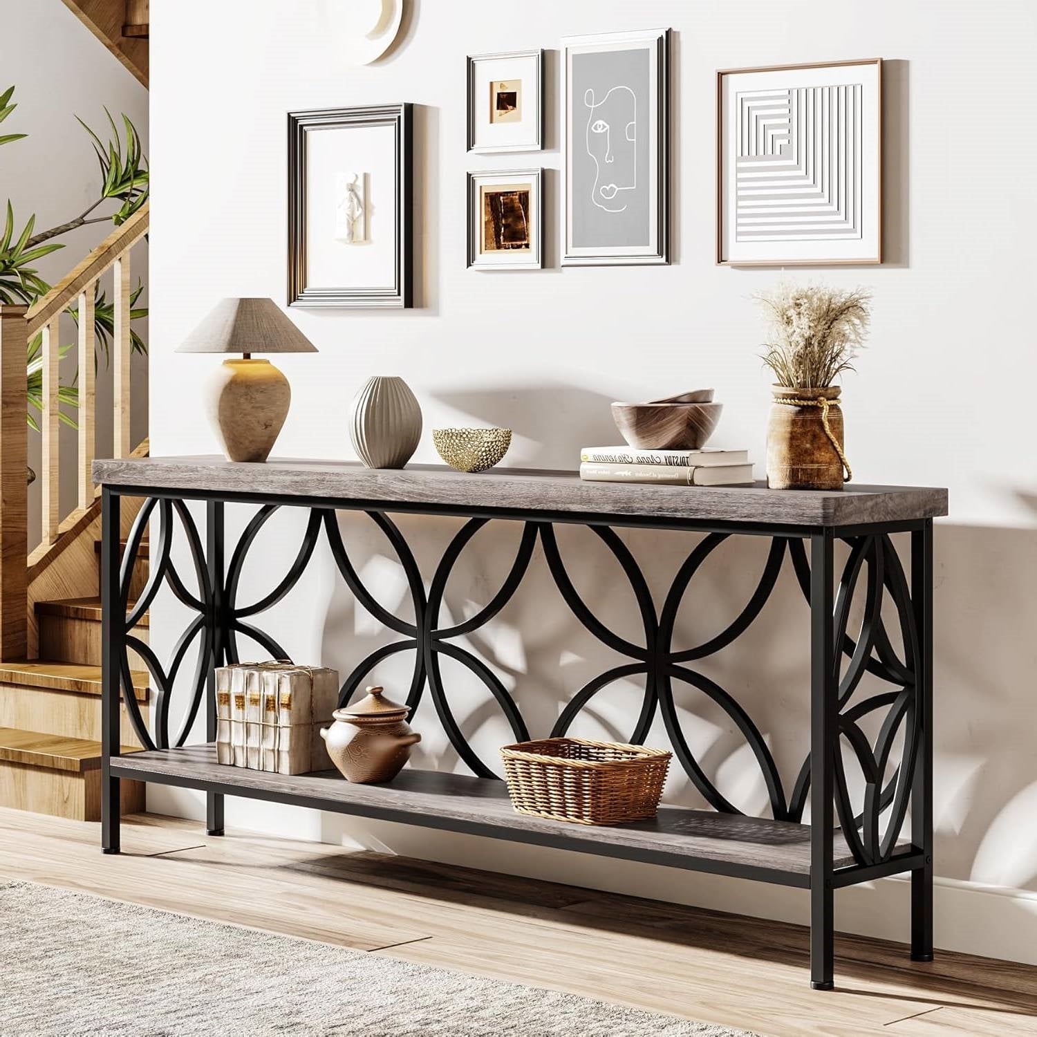 Modern 70-inch Long Narrow Foyer Entryway Table with Grey Wood Top and Shelf-0