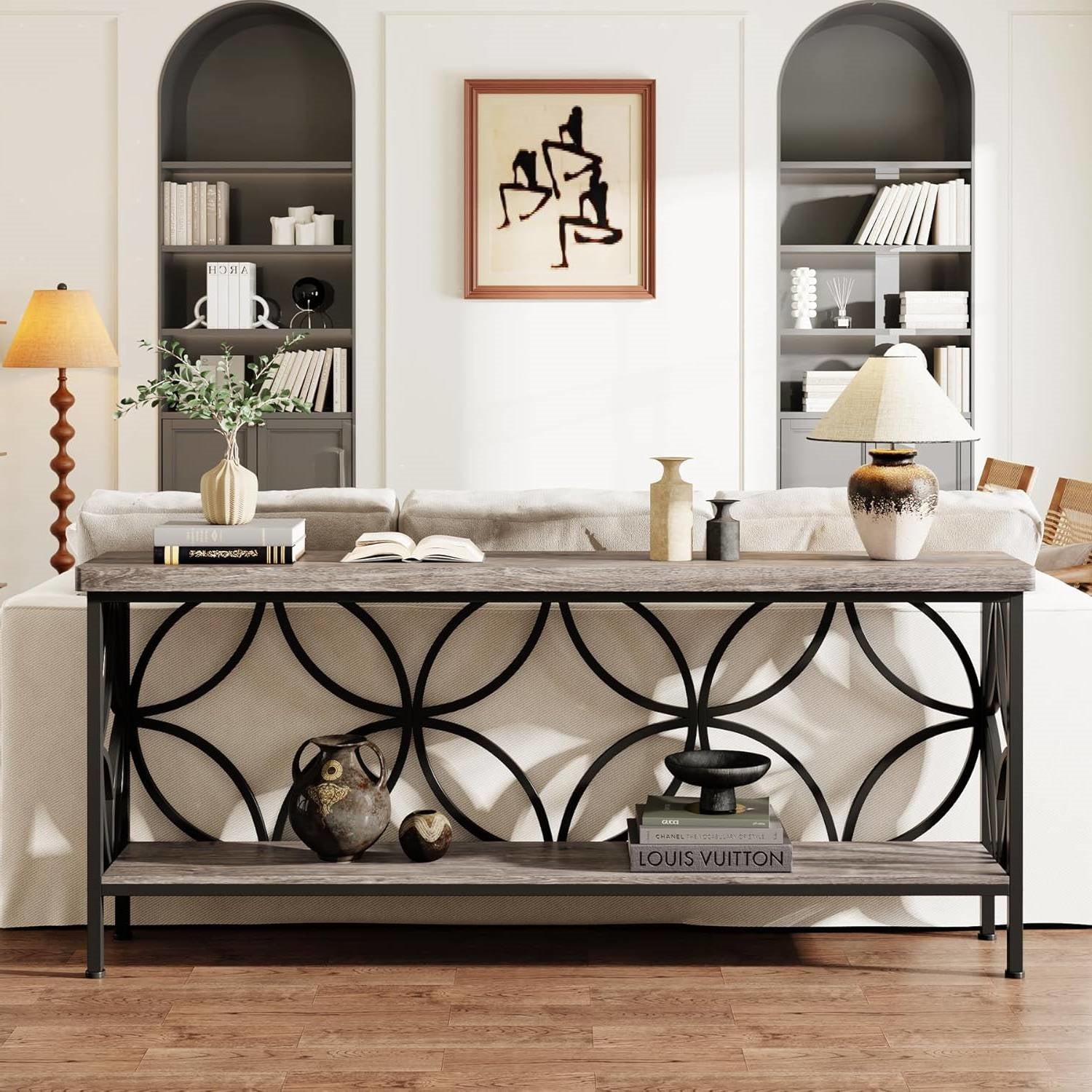 Modern 70-inch Long Narrow Foyer Entryway Table with Grey Wood Top and Shelf-1