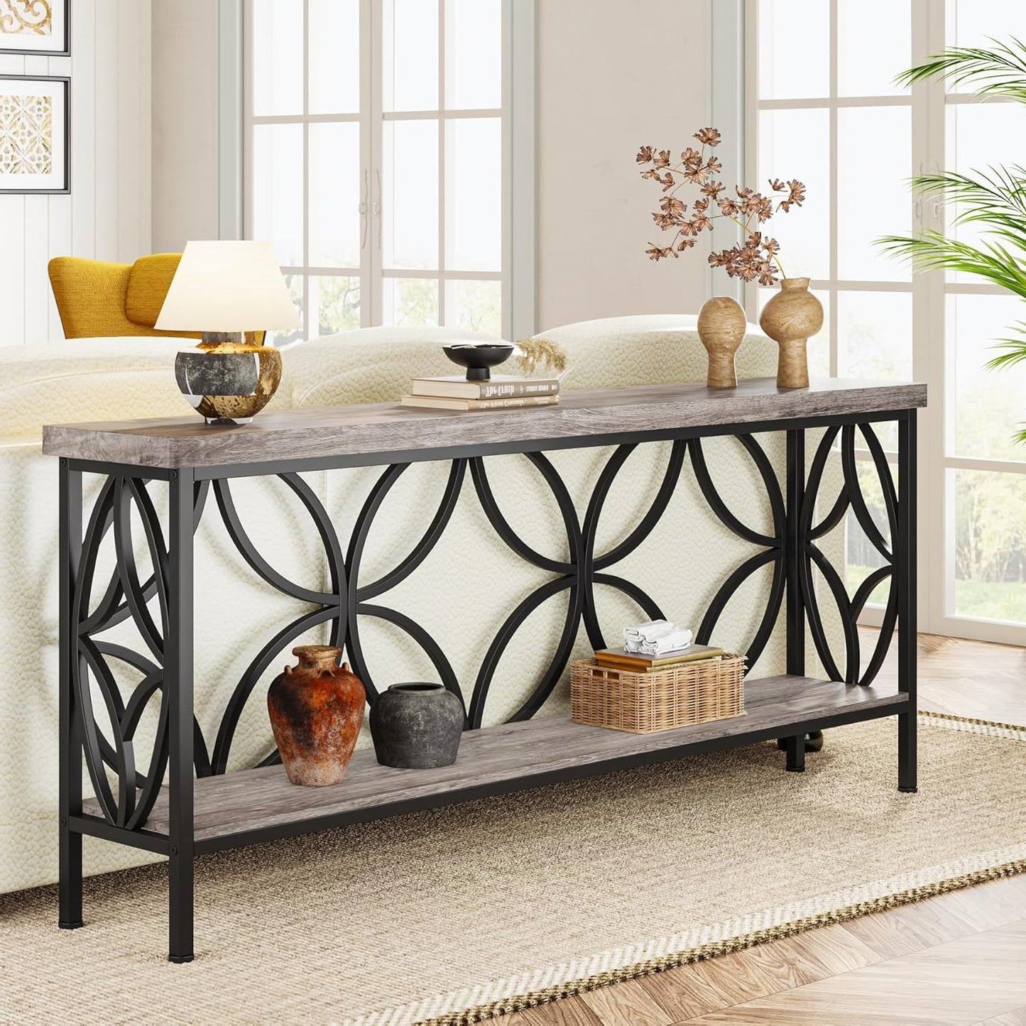 Modern 70-inch Long Narrow Foyer Entryway Table with Grey Wood Top and Shelf-2