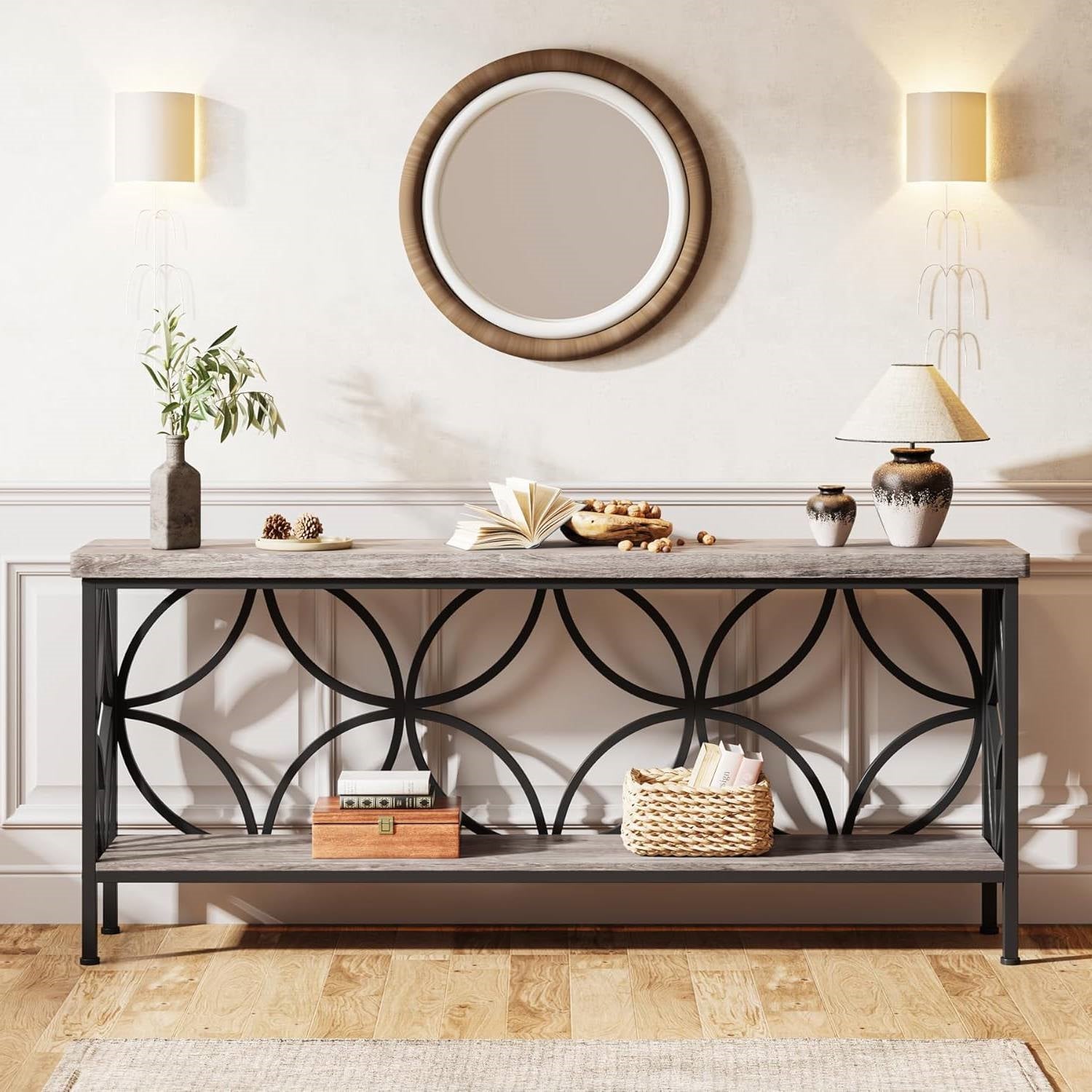 Modern 70-inch Long Narrow Foyer Entryway Table with Grey Wood Top and Shelf-3