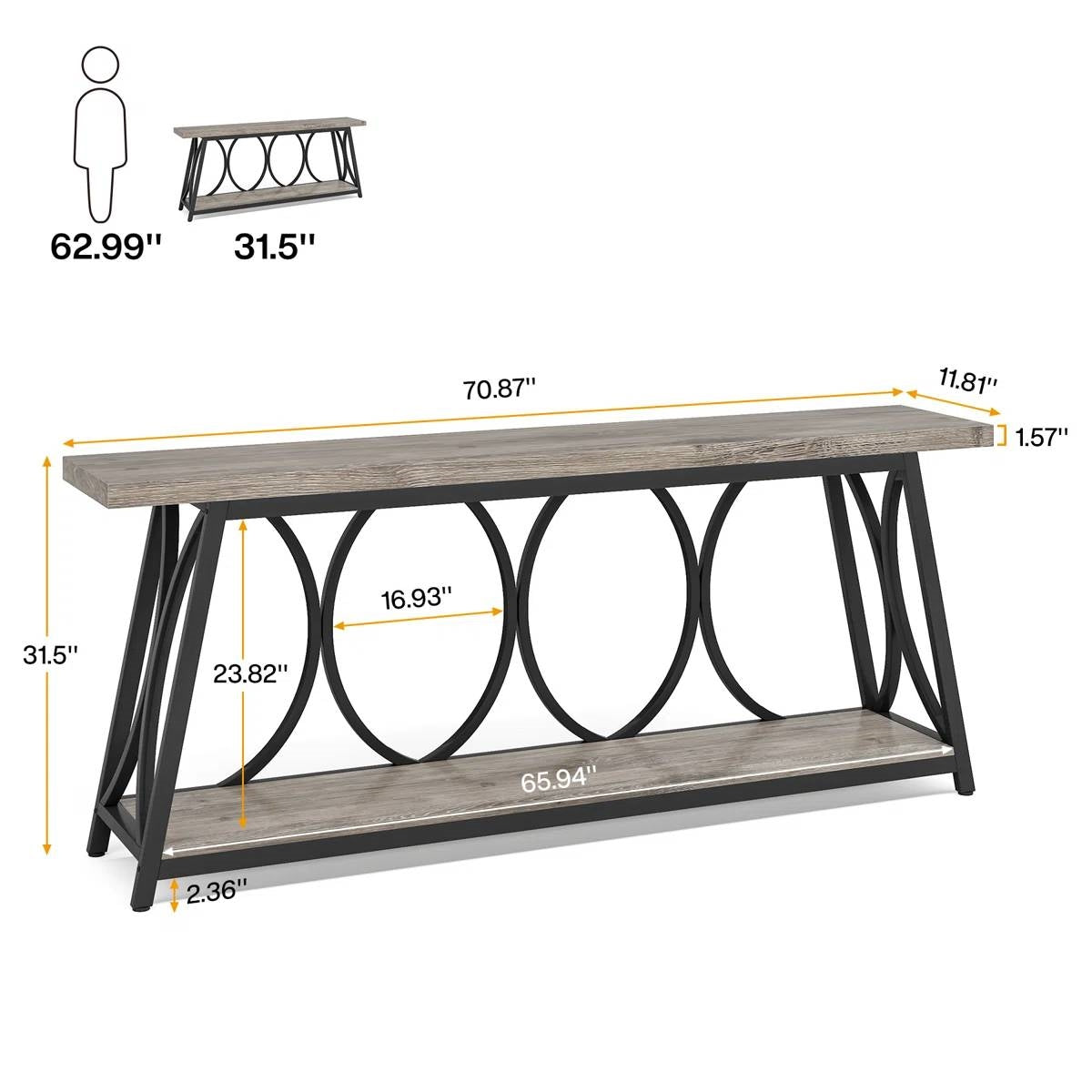 Industrial 70-inch Grey Wood Top Sofa Table with Heavy Duty Black Metal Frame-4
