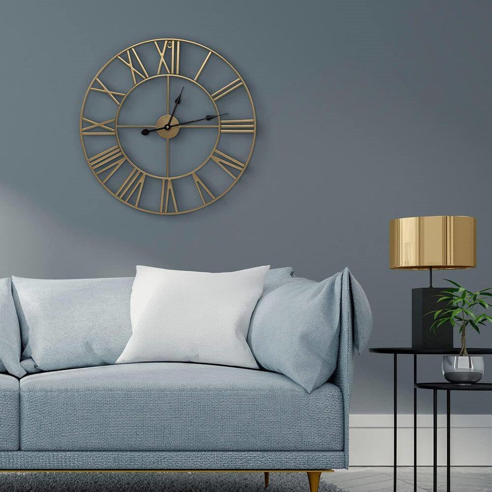 Round 24-inch Decorative Gold Metal Wall Clock Roman Numerals and Black Hands-3