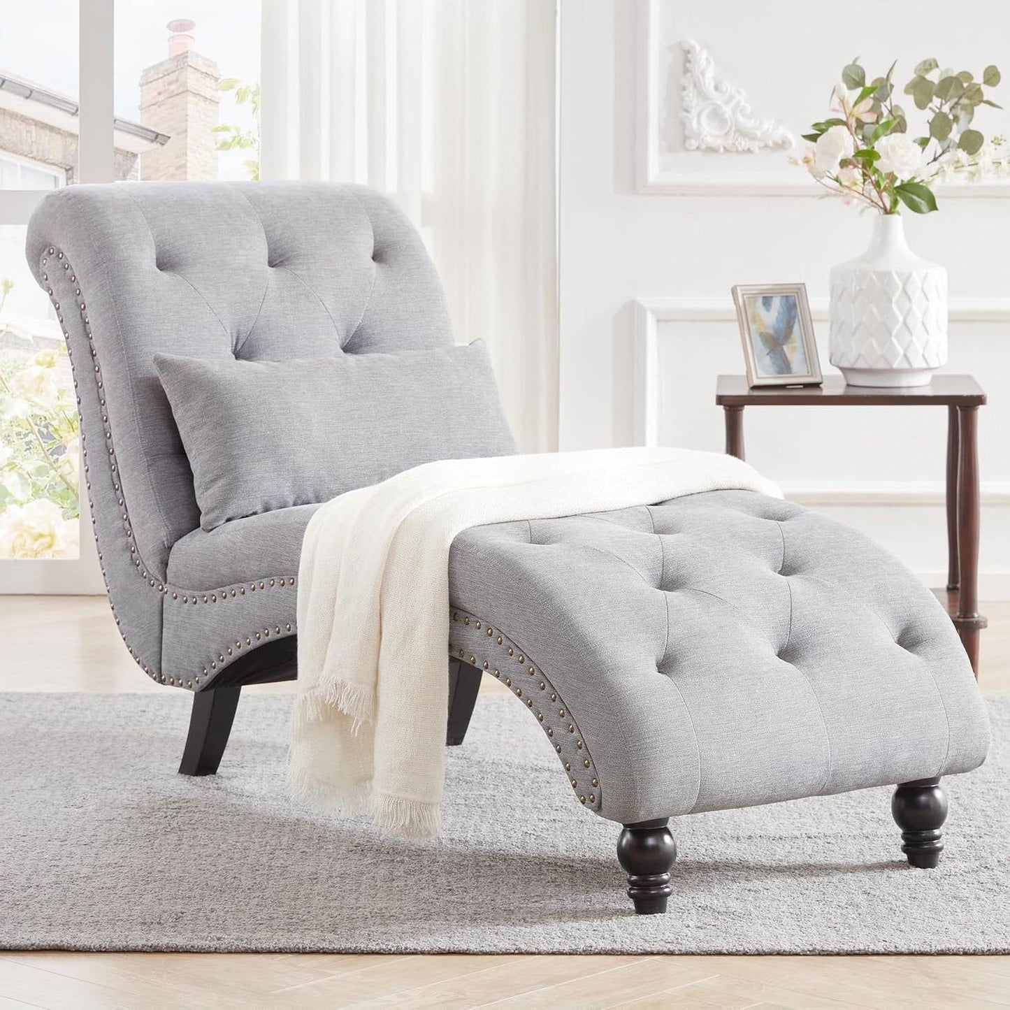 Grey Linen Upholstered Armless Chaise Lounge Chair with Pillow-0