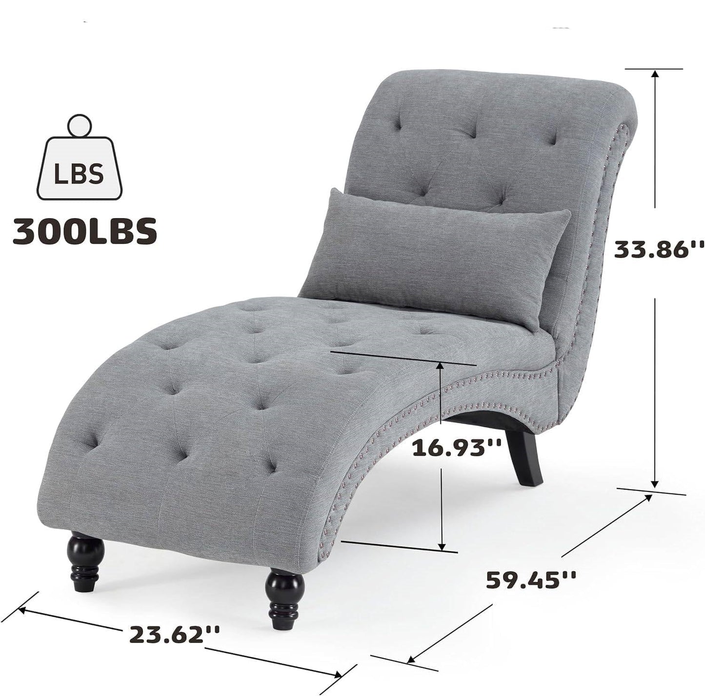 Grey Linen Upholstered Armless Chaise Lounge Chair with Pillow-3