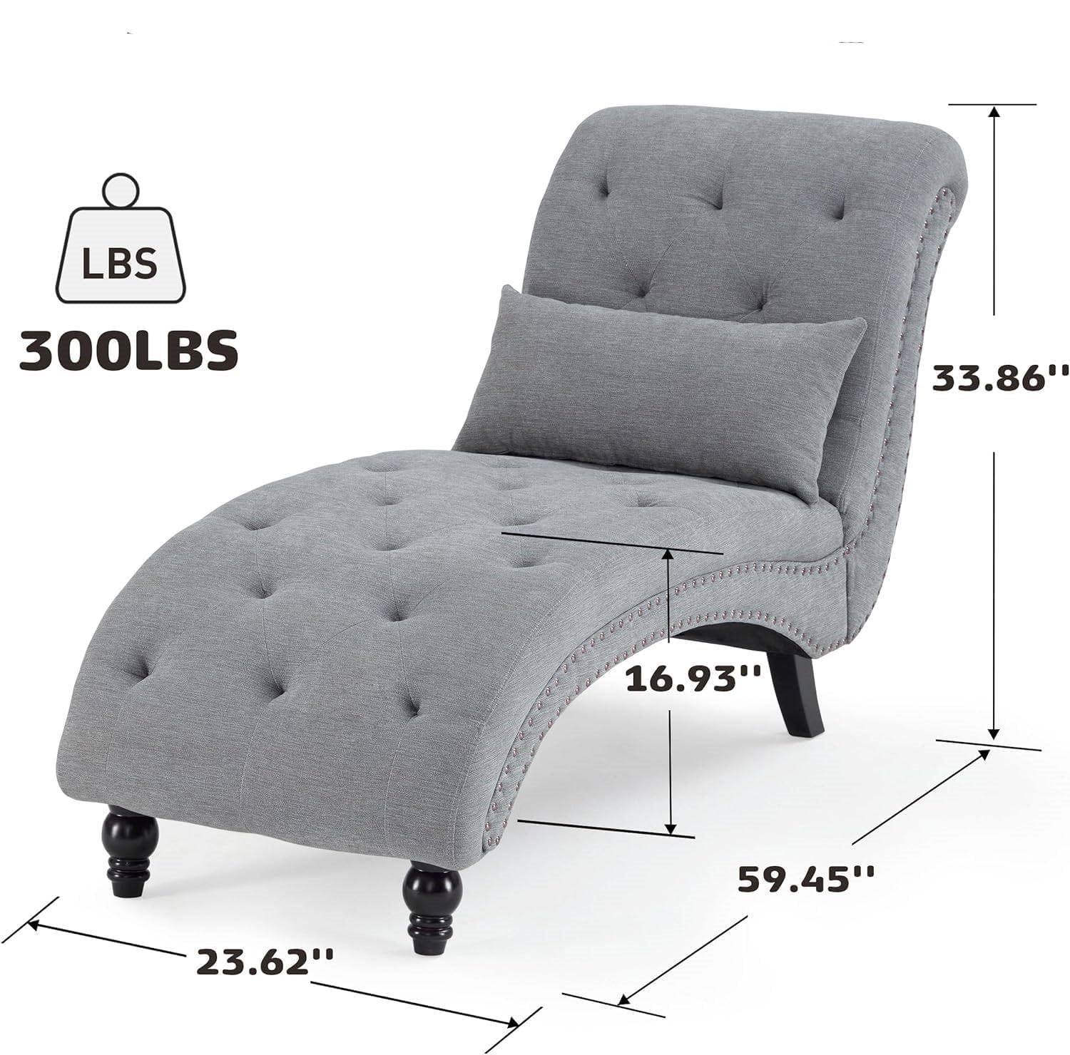 Grey Linen Upholstered Armless Chaise Lounge Chair with Pillow-3