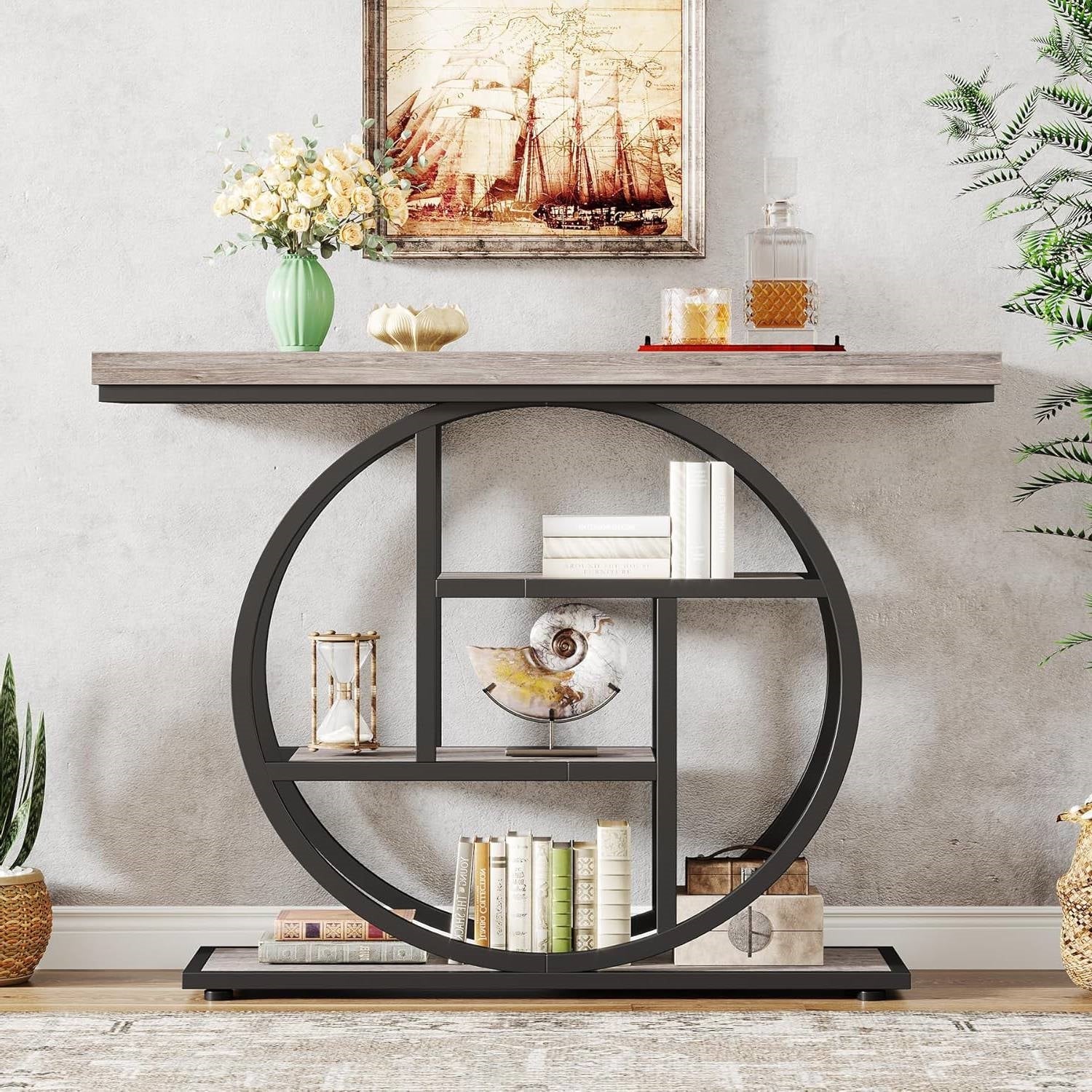 Modern 41-inch Wide Narrow Entryway Console Table with Grey Wood Finish Shelves-0