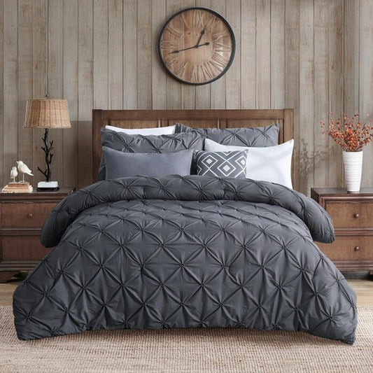 Full/Queen Size All Season Pleated Hypoallergenic Microfiber Reversible 3 Piece Comforter Set in Gray-0