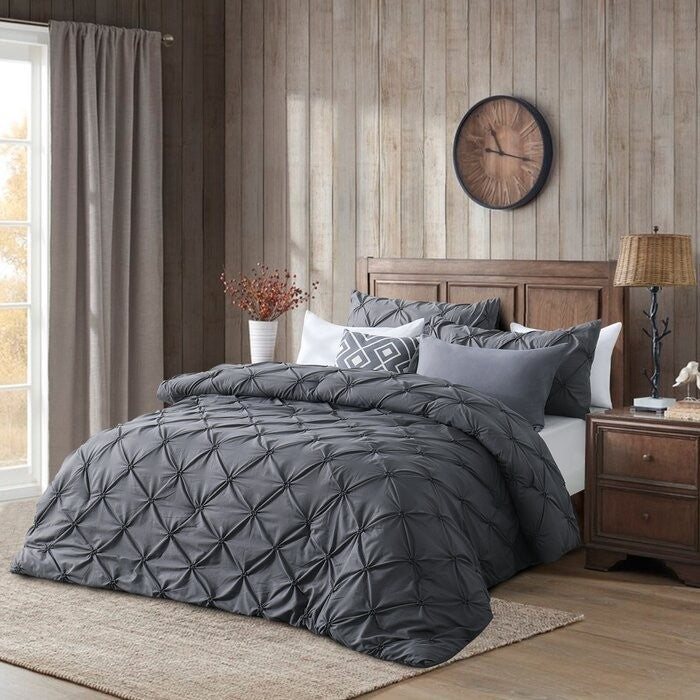 Full/Queen Size All Season Pleated Hypoallergenic Microfiber Reversible 3 Piece Comforter Set in Gray-1