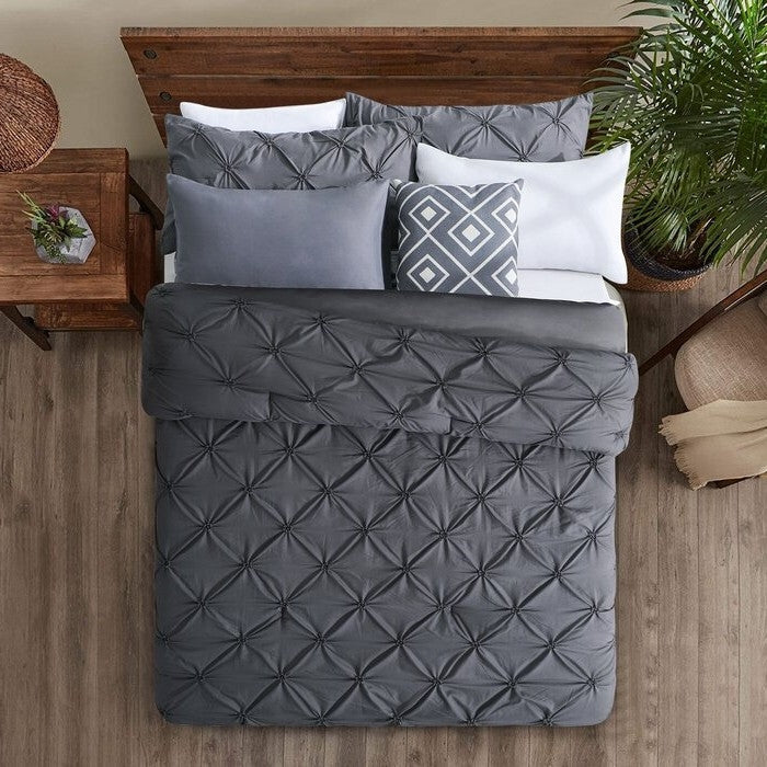 Full/Queen Size All Season Pleated Hypoallergenic Microfiber Reversible 3 Piece Comforter Set in Gray-2