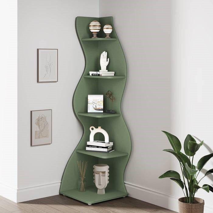 Modern Whimsical 5 Shelf Corner Bookcase in Green Wood Finish-0