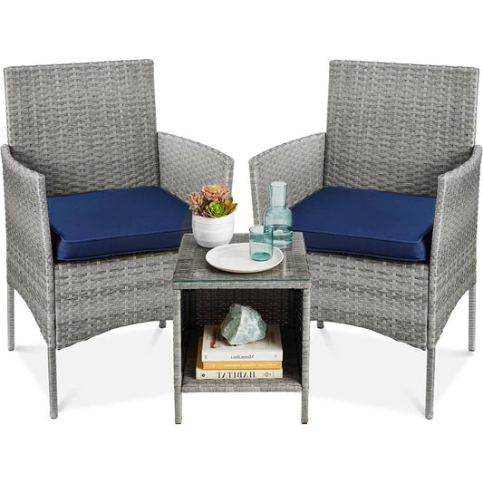 3-Piece Grey PE Wicker Outdoor Patio Furniture Dining Set w/ Navy Blue Cushions-0