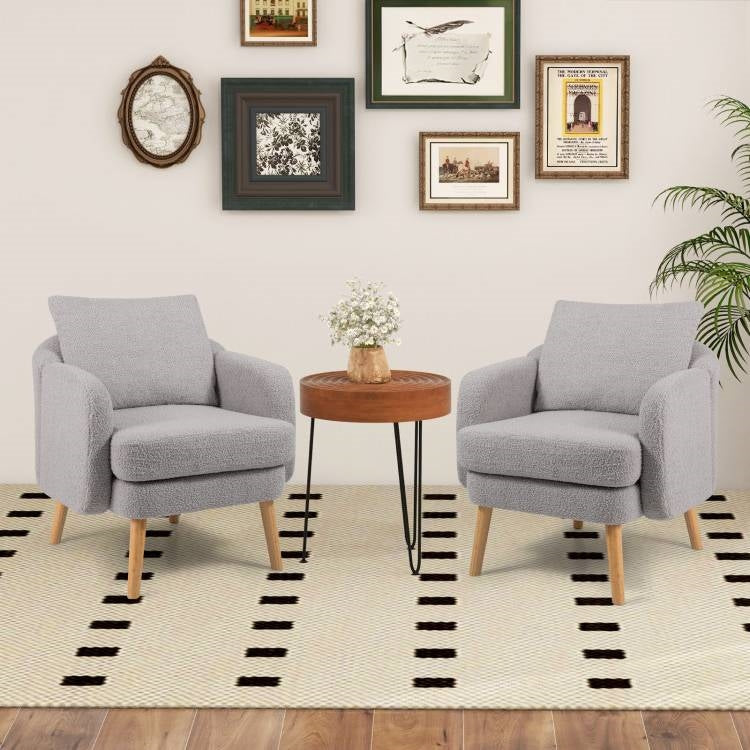 Modern Grey Sherpa Fabric Upholstered Accent Chair with Wooden Legs-2