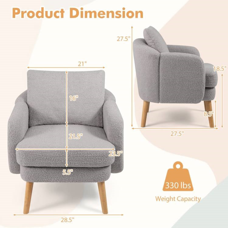 Modern Grey Sherpa Fabric Upholstered Accent Chair with Wooden Legs-3