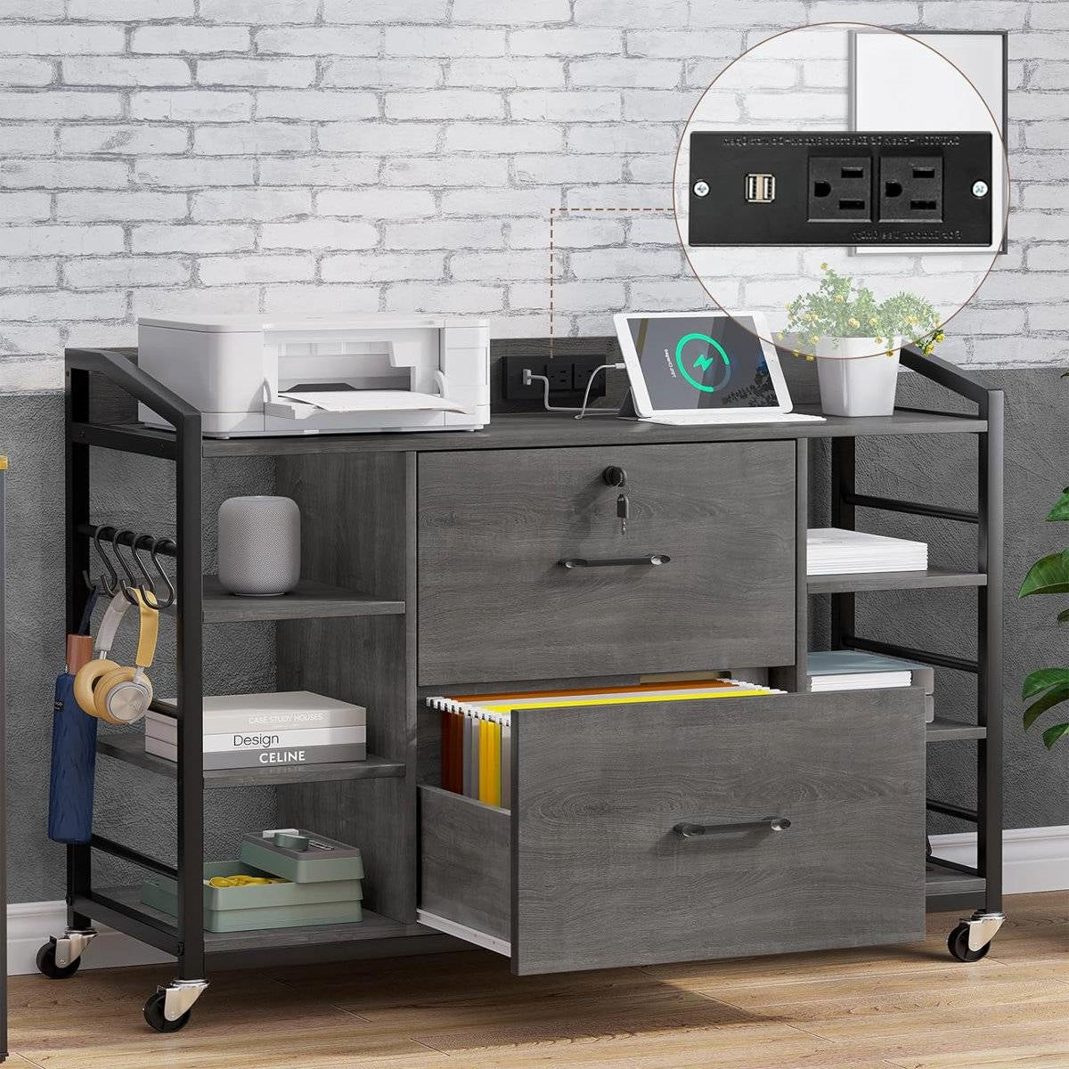 Grey Printer Stand Bookcase Power Station Mobile Office File Cabinet-1
