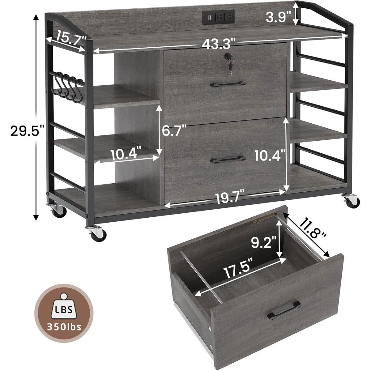 Grey Printer Stand Bookcase Power Station Mobile Office File Cabinet-2