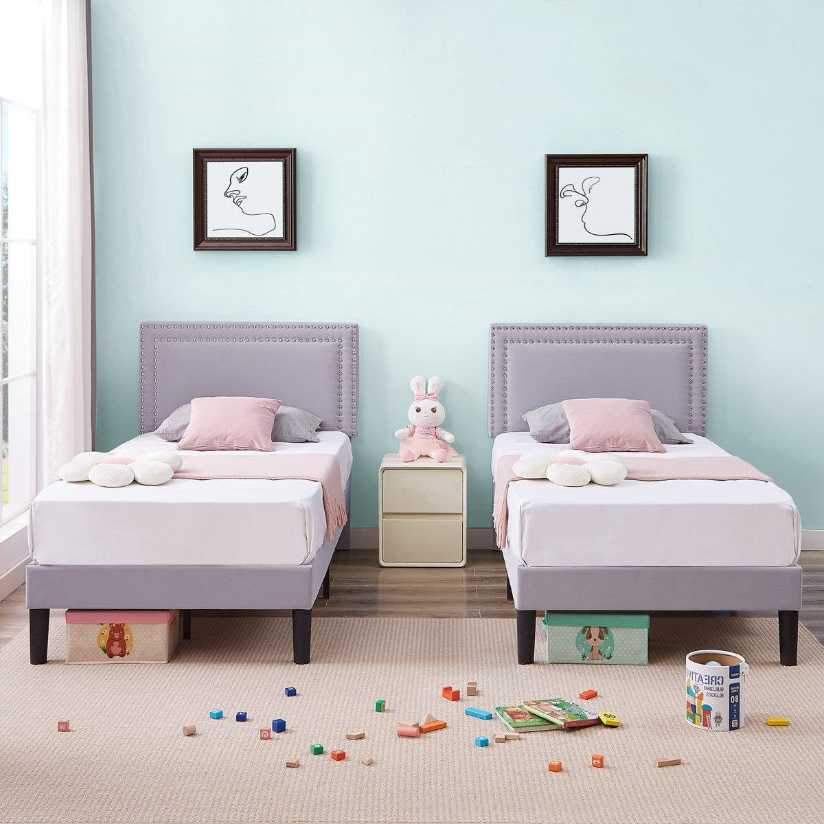 Set of 2 - Twin size Grey Upholstered Platform Bed Frame with Headboard-1
