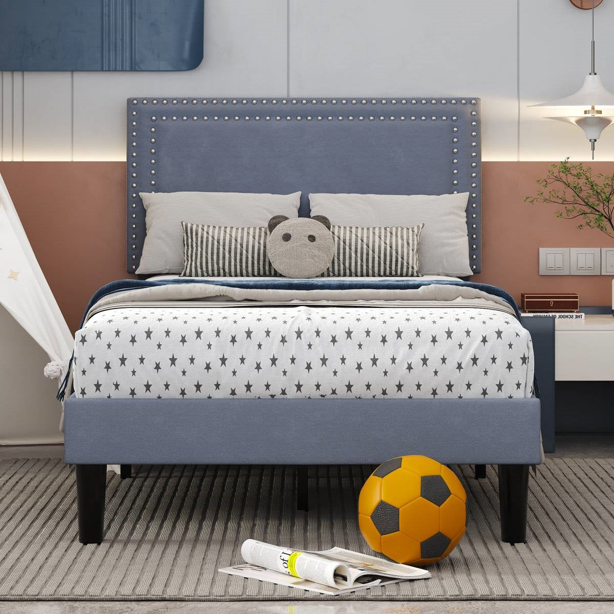 Set of 2 - Twin size Grey Upholstered Platform Bed Frame with Headboard-2