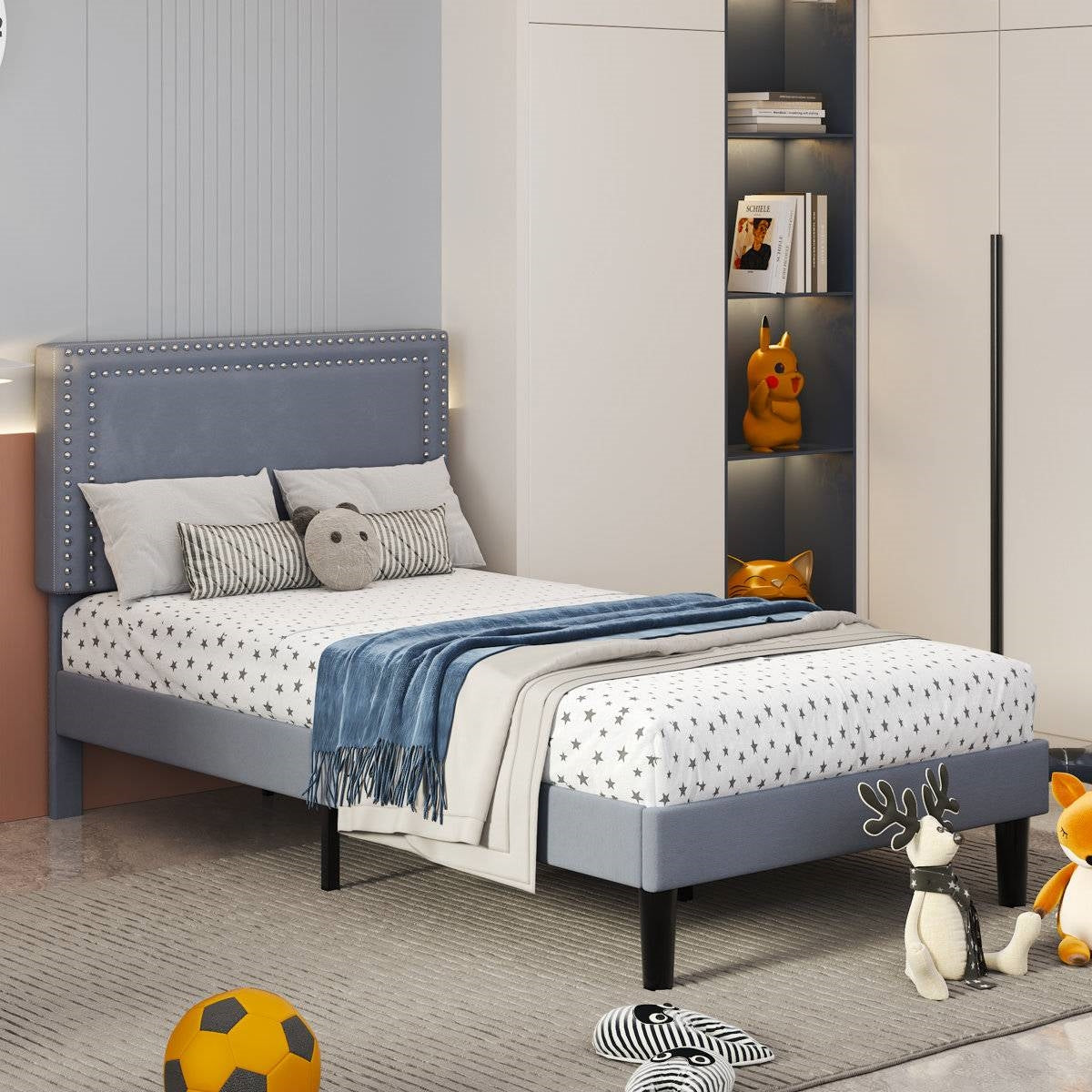Set of 2 - Twin size Grey Upholstered Platform Bed Frame with Headboard-3