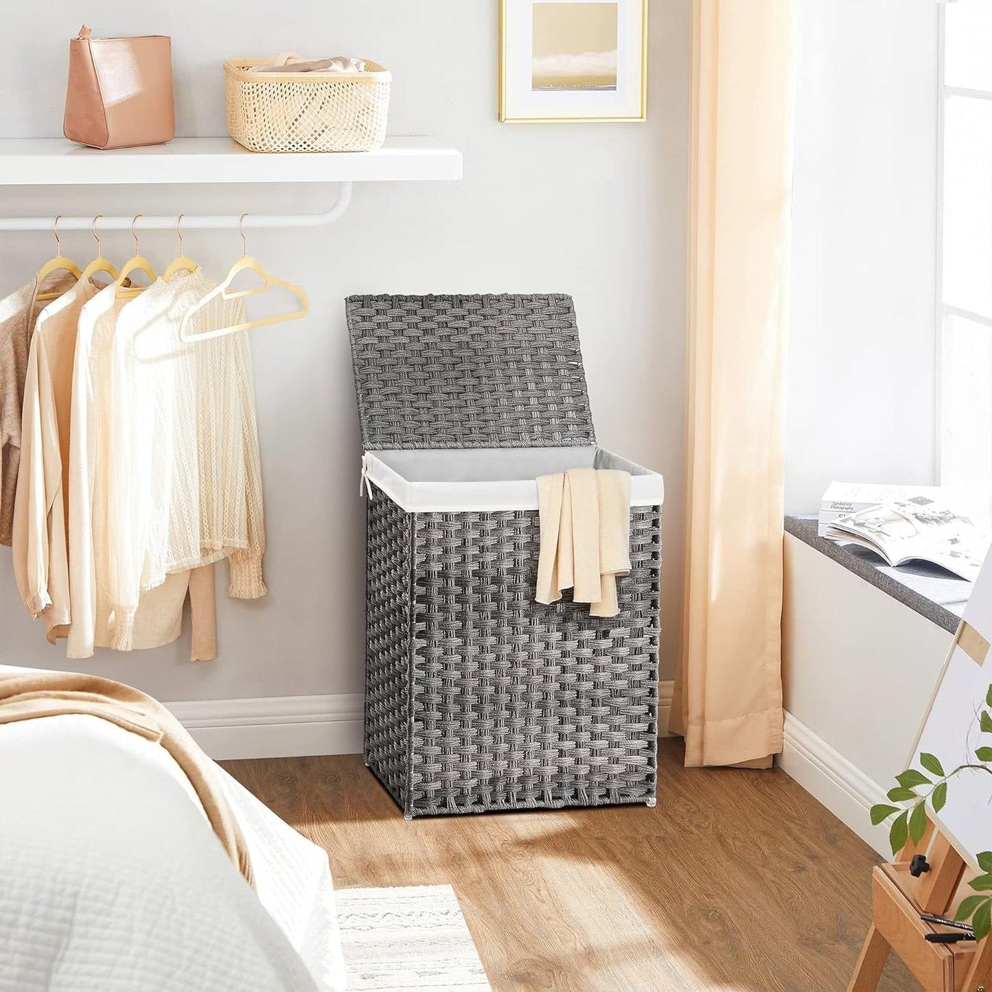 Grey Rattan Plastic Laundry Hamper Basket w/ Lid and Removable Cotton Liner Bag-2