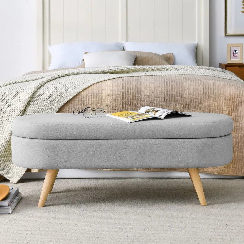 Mid-Century Modern Boho Style Grey Linen Bedroom Storage Bed Bench-2