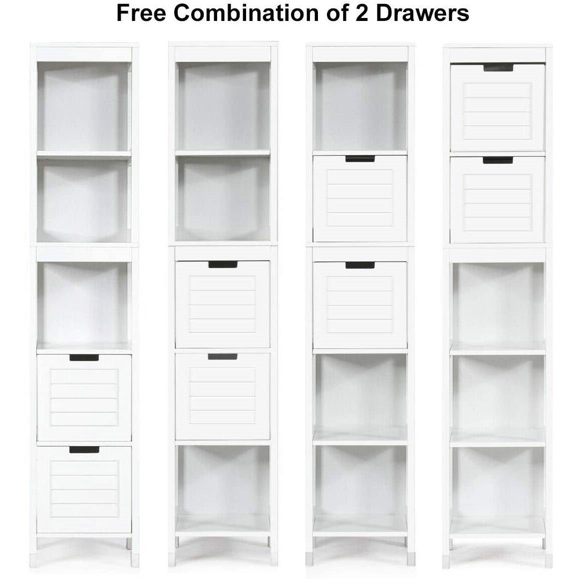 Bathroom Cabinet Tower with 2 Storage Drawers and 3 Shelves in White Wood Finish-3