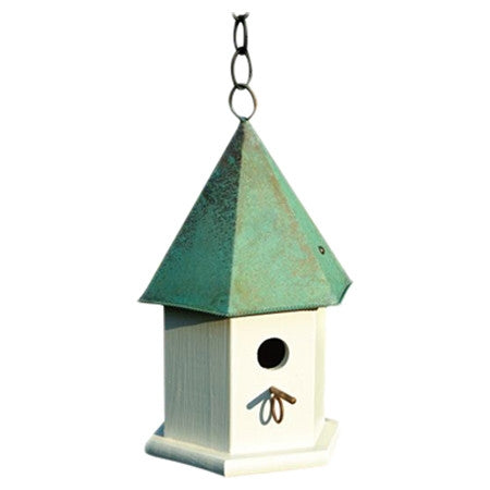 White Wood Bird House with Verdi Green Copper Roof - Made in USA-0