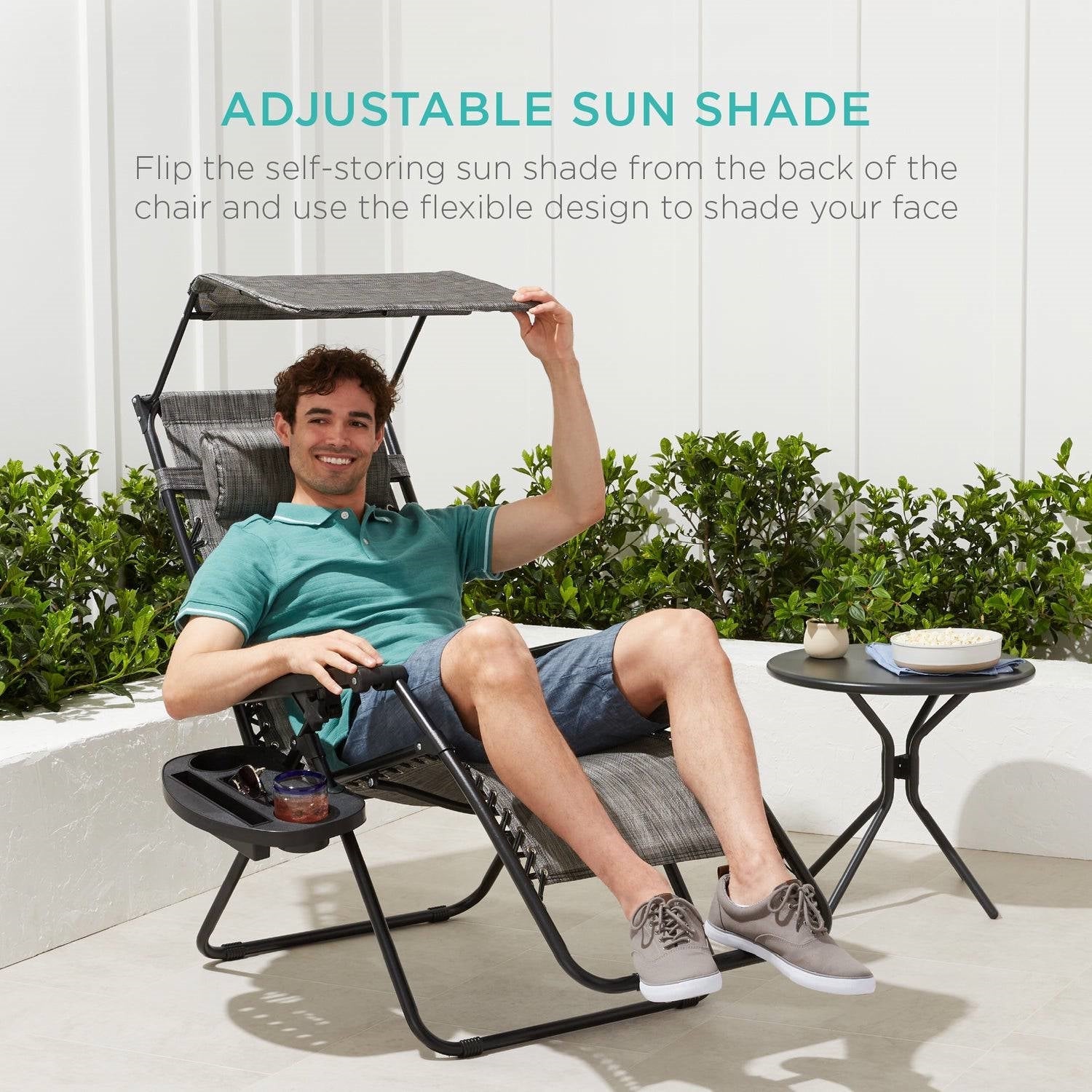 Grey Zero Gravity Folding Reclining Patio Lounge Chair with Canopy Sun Shade-1