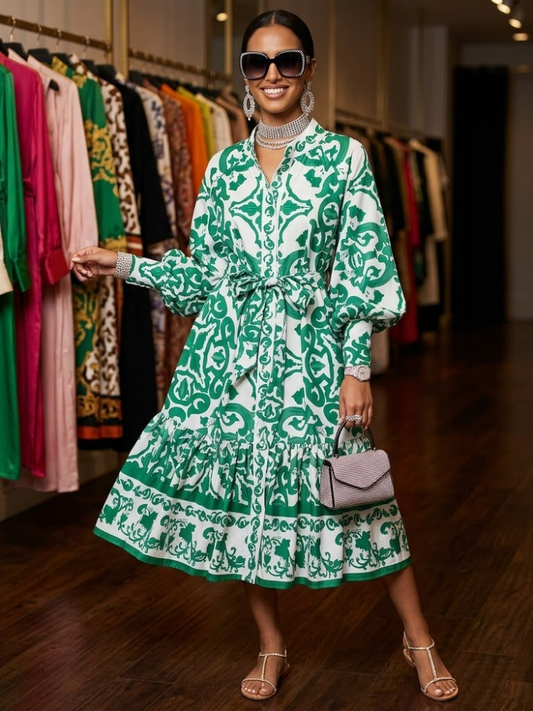 Gemini ha dicho Green Damask Print Shirt Dress TRIBECA New Collection FASHION BYMANYC ® New York-0