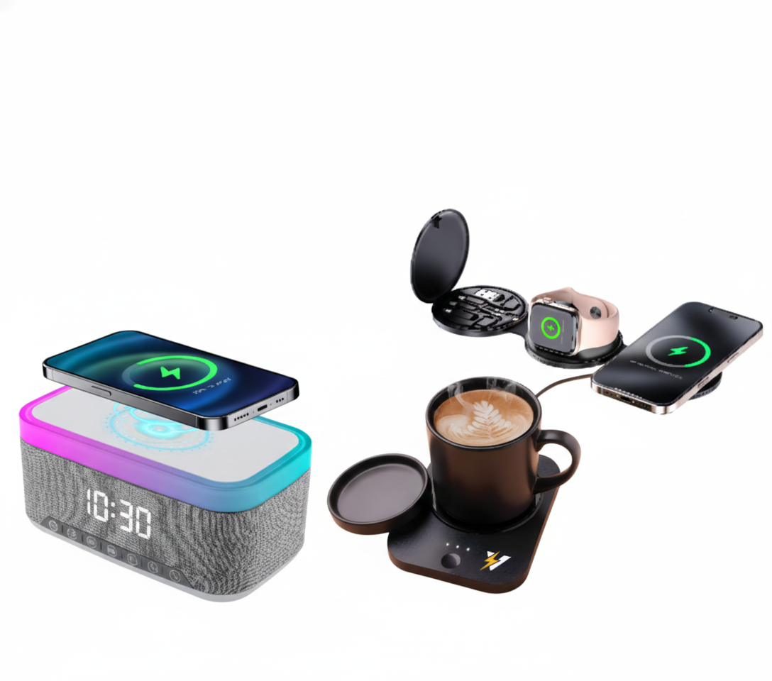 Power & Comfort Trio – Sip & Charge Mug Warmer, All-in-One Alarm Clock & 5-in-1 Folding Charging Station-0