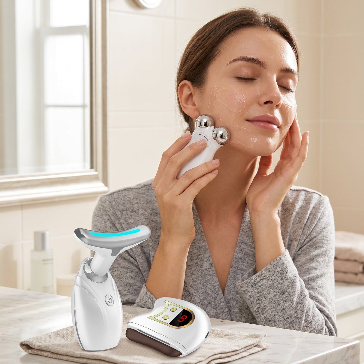 Lift, Sculpt & Glow Toolkit -Set of 3- LED Therapy, Electric Gua Sha & Microcurrent Toning Device for Radiant Skin