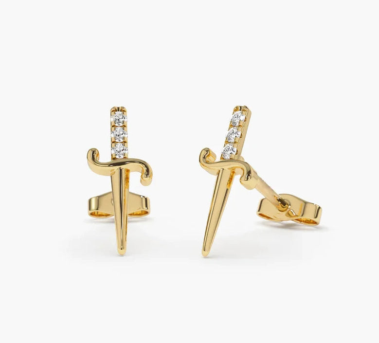 Genuine Diamond and Solid Gold earrings with 'VLOVE' branding on a white background